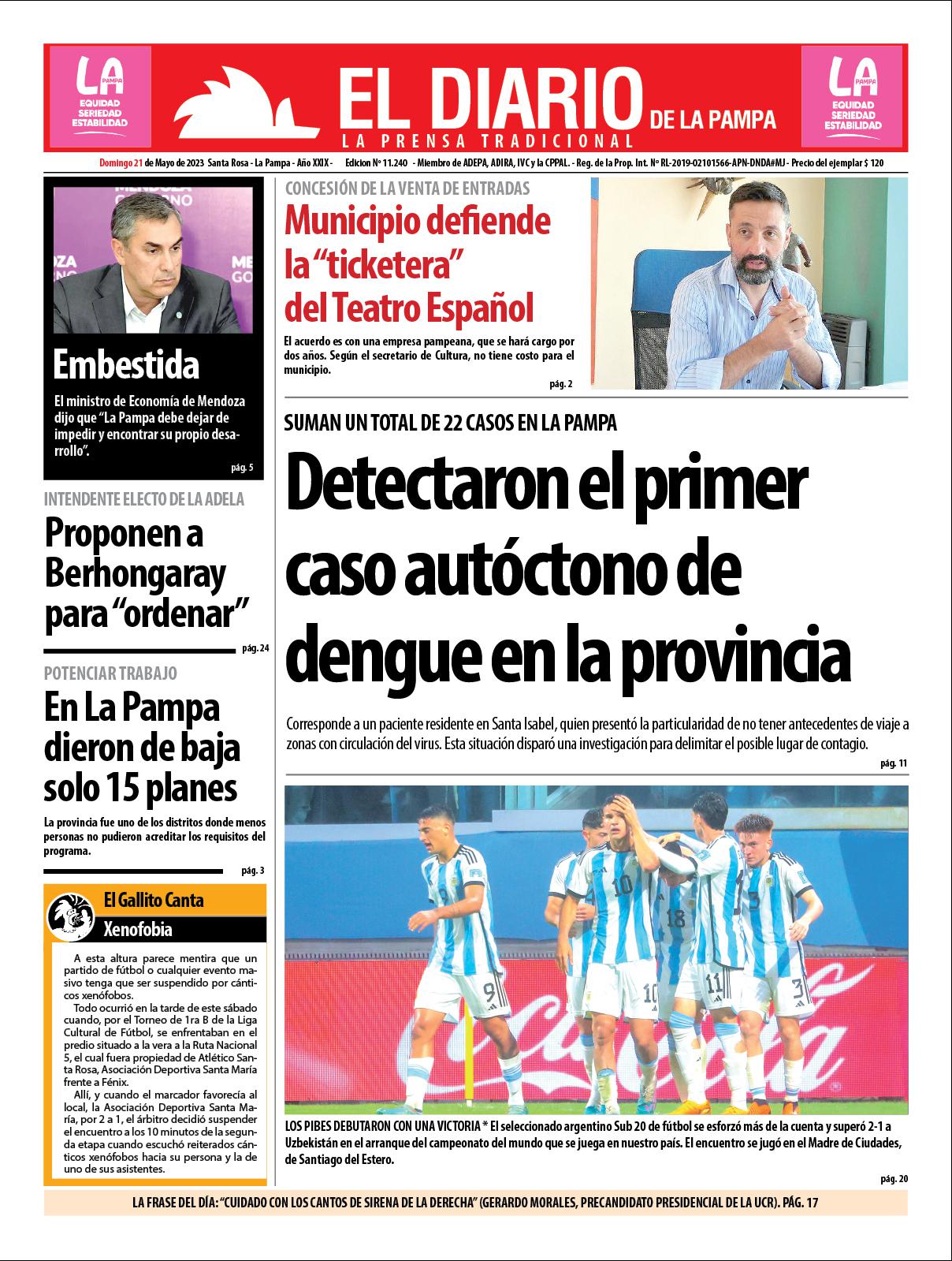 Tapa de El Diario en papel  domingo 21 de mayo de 2023